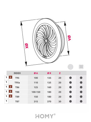Решетка с сеткой и регулировкой потока воздуха Awenta Classic T95CZ (d100) черная схема