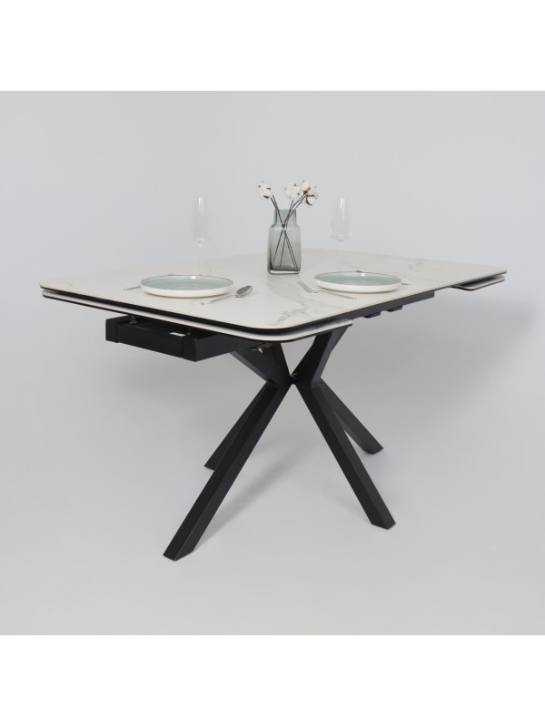 Кухонный стол Аврора Рейн New камень белый Greys White/черный матовый раздвижной механизм