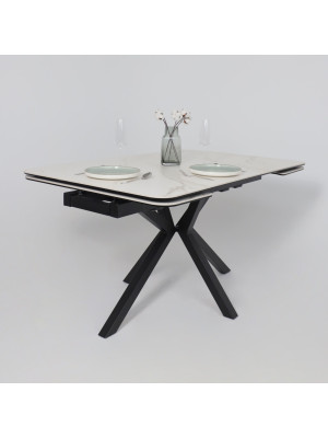 Кухонный стол Аврора Рейн New камень белый Greys White/черный матовый раздвижной механизм