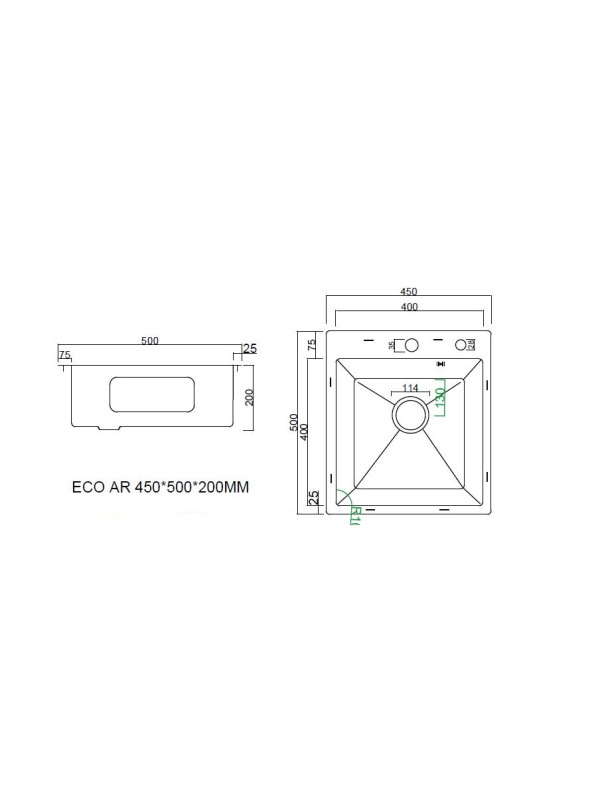 Кухонная мойка Arfeka Eco AR 45x50 (комплект коландер G+дозатор Black Decor Millet) схема
