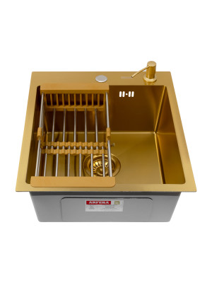 Кухонная мойка Arfeka Eco AR 45x50 (комплект коландер+дозатор Gold) под углом