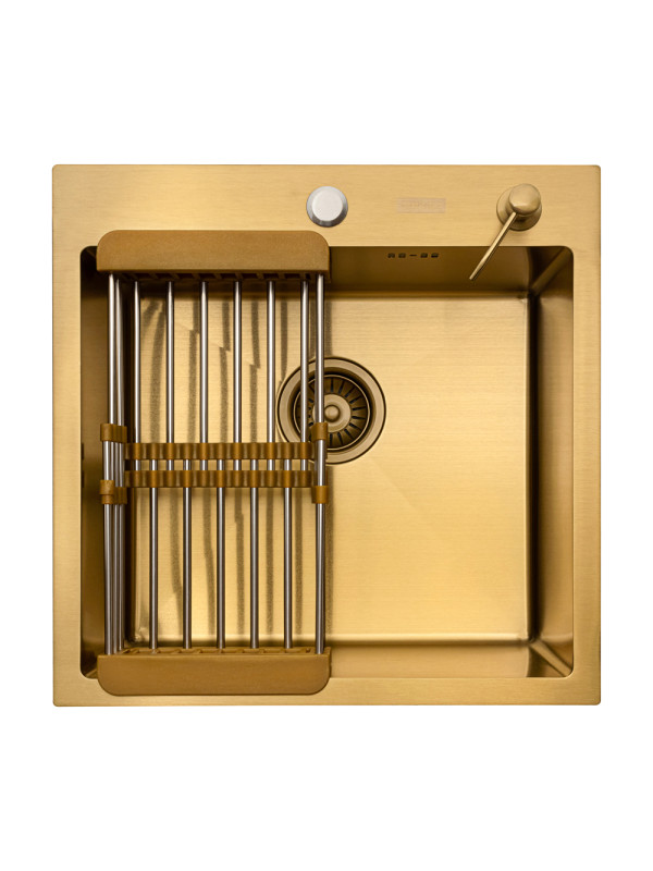 Кухонная мойка Arfeka Eco AR 50x50 (комплект коландер+дозатор) Gold сверху
