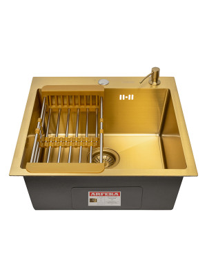 Кухонная мойка Arfeka Eco AR 50x50 (комплект коландер+дозатор) Gold спереди