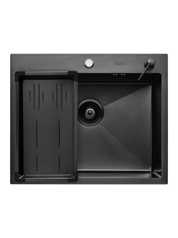 Кухонная мойка Arfeka Eco AR 60x50 (комплект коландер G+дозатор) Black Decor Volcanic сверху