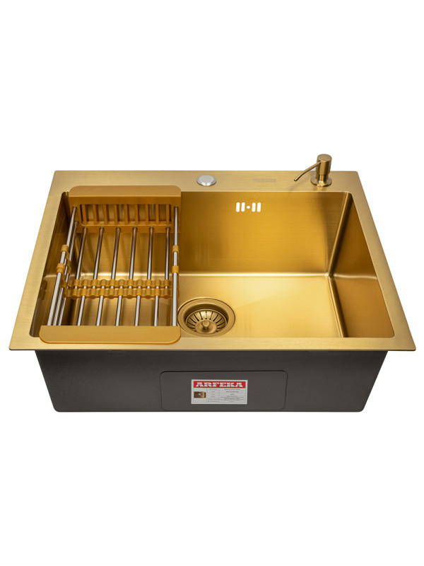 Кухонная мойка Arfeka Eco AR 60x50 (комплект коландер+дозатор) Gold спереди