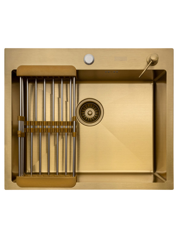 Кухонная мойка Arfeka Eco AR 60x50 (комплект коландер+дозатор) Gold сверху