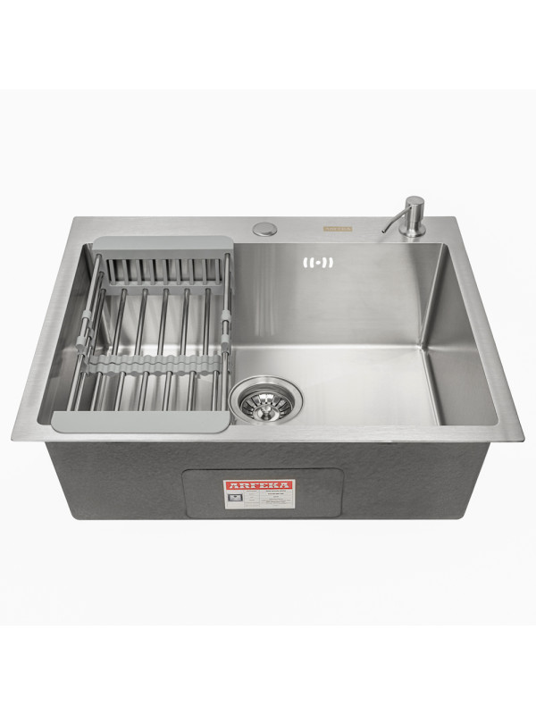 Кухонная мойка Arfeka Eco AR 60x50 (комплект коландер+дозатор) Satin спереди