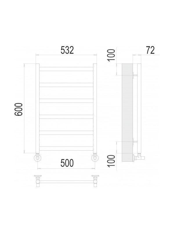Полотенцесушитель Terminus Аврора П6 500x600 НП (1/2") Матовое Золото схема