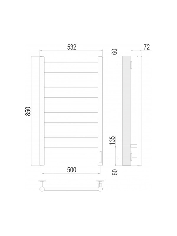 Полотенцесушитель Terminus Аврора Quick Touch электро П8 500х850 НП Матовое Золото схема