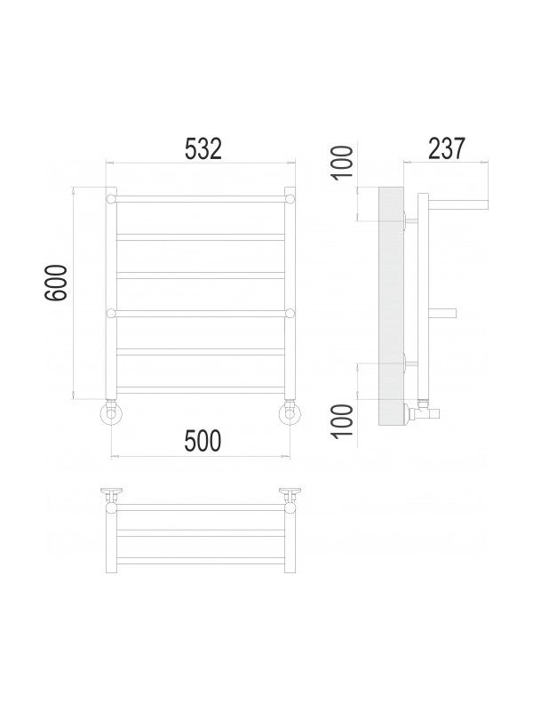 Полотенцесушитель Terminus Аврора П6 500х600 НП (1/2") с 2 полочками схема
