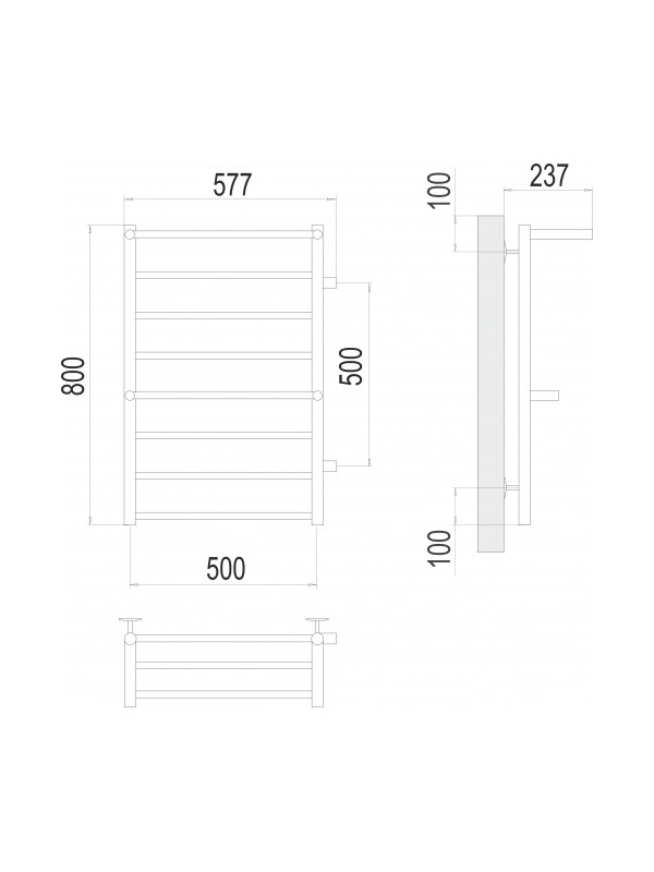 Полотенцесушитель Terminus Аврора П8 500х800 БП (1") с 2 полочками схема