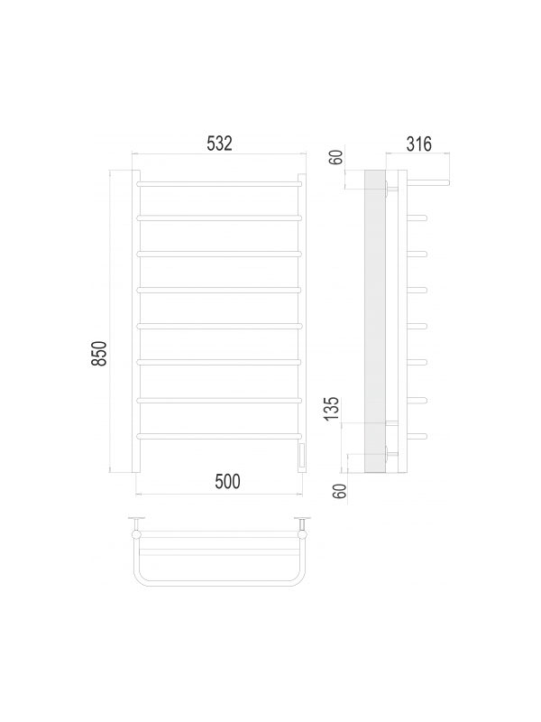 Полотенцесушитель Terminus Полка Quick Touch электро П8 500х850 НП схема