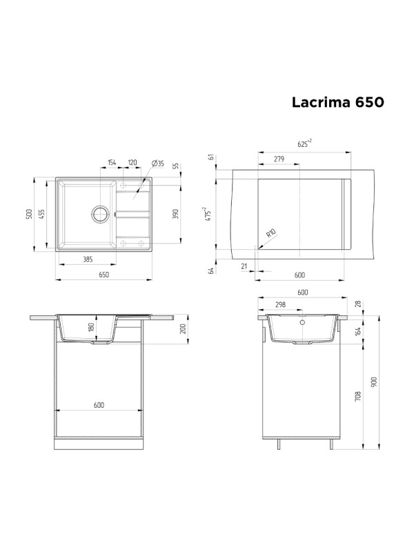 Кухонная мойка Maunfeld Lacrima 650 MFQS-650DGR темно-серый схема
