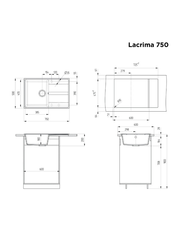 Кухонная мойка Maunfeld Lacrima 750 MFQS-750B черный схема