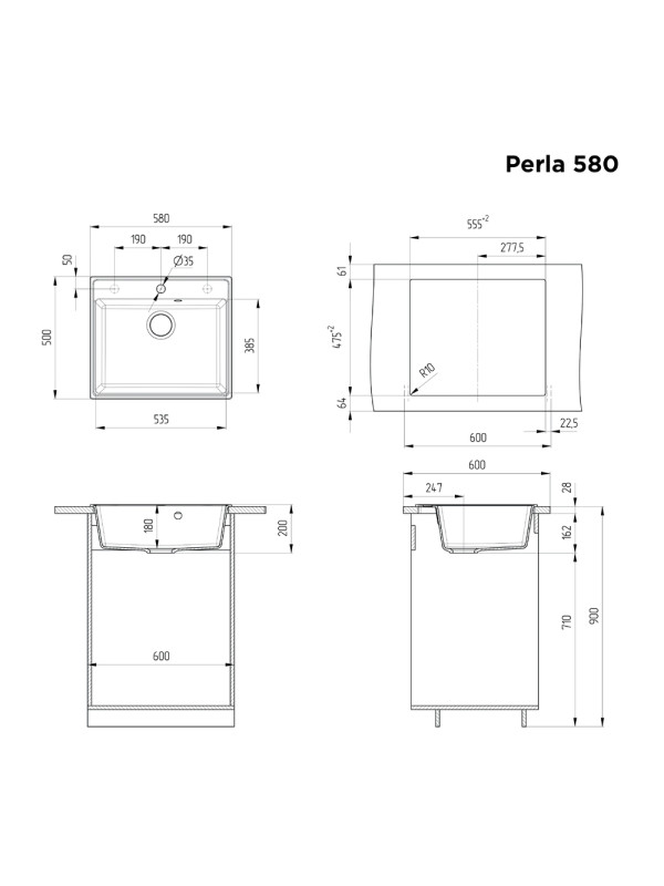 Кухонная мойка Maunfeld Perla 580 MFQS-580B черный схема