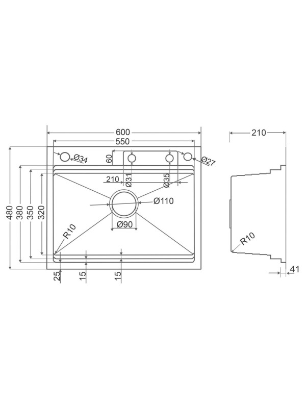 Кухонная мойка Roxen Stage Plus 560250-60-S текстурный сатин схема