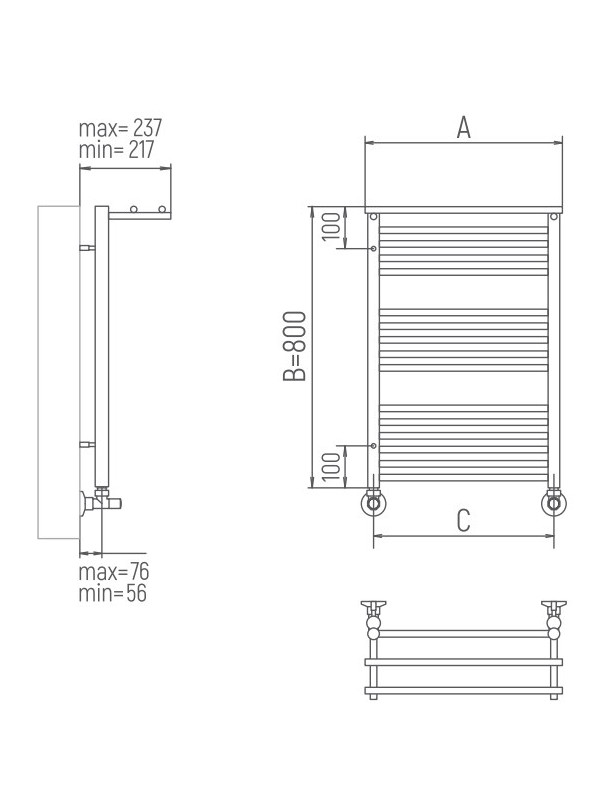Полотенцесушитель Ukko Астрид 500х800 НП (1/2") с полочкой схема
