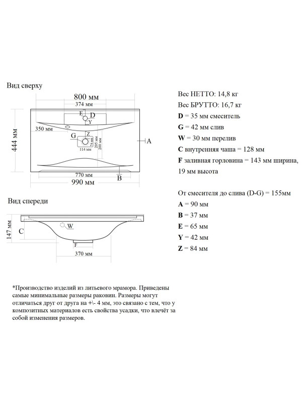Умывальник Madera Milen 100 схема
