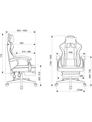 Кресло геймерское Бюрократ Knight Custom/F серый/черный вид сбоку подставка для ног размеры