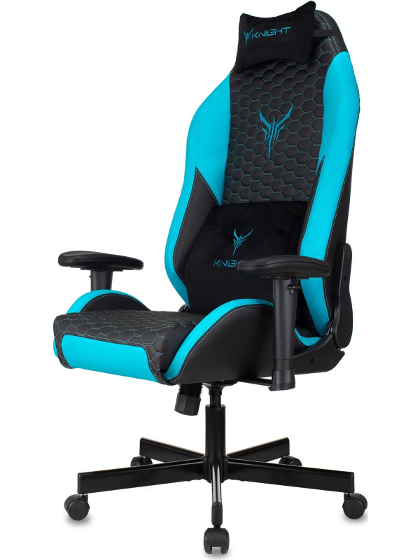 Кресло геймерское Бюрократ Knight Neon экокожа, черный/голубой соты вид сбоку слева