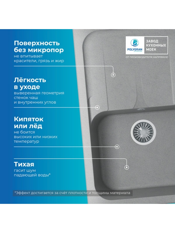 Кухонная мойка Polygran ALTO 780 серый преимущества