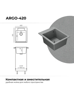 Кухонная мойка Polygran ARGO 420 серый размеры