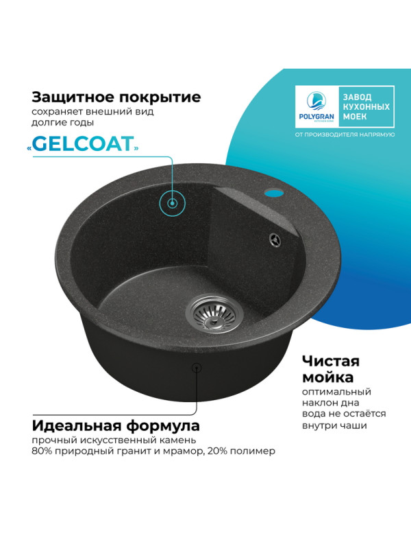 Кухонная мойка Polygran ATOL 460 черный покрытие 2