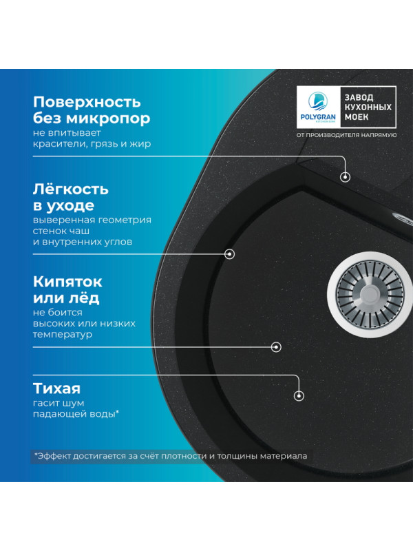 Кухонная мойка Polygran ATOL 620 космос черный металлик преимущества