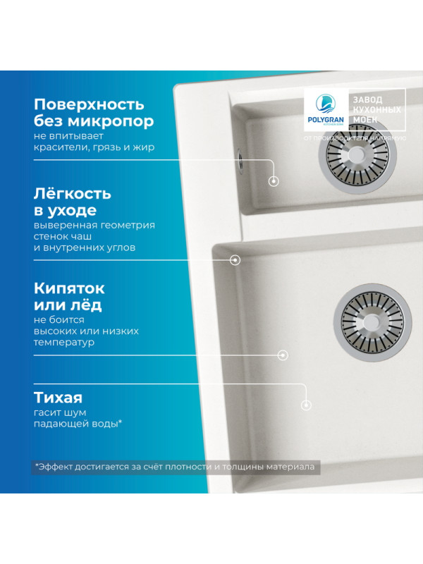 Кухонная мойка Polygran BRIG 620 Белый хлопок преимущество