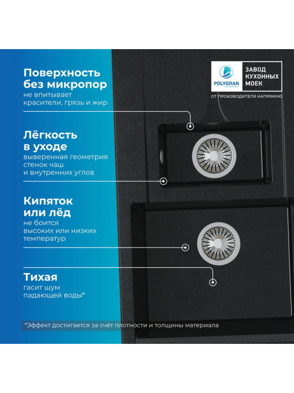 Кухонная мойка Polygran BRIG 770 космос черный металлик преимущества