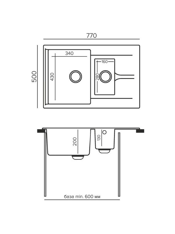 Кухонная мойка Polygran BRIG 770 черный размеры
