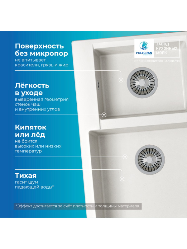 Кухонная мойка Polygran BRIG 772 белый хлопок преимущество