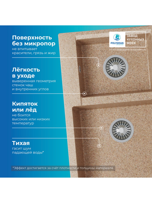 Кухонная мойка Polygran BRIG 772 песочный преимущества