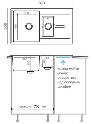 Кухонная мойка Polygran BRIG 870 белый хлопок размеры
