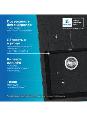 Кухонная мойка Polygran GALS 760 космос черный металлик преимущество