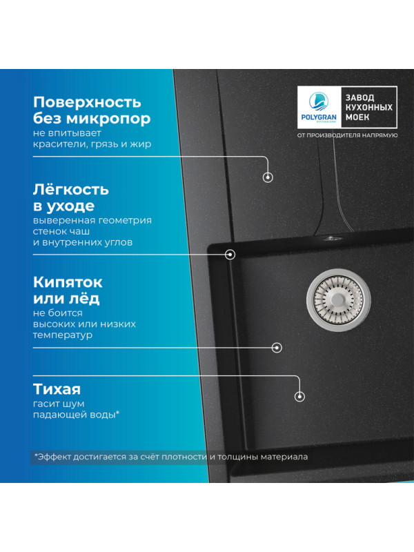 Кухонная мойка Polygran GALS 760 черный преимущества