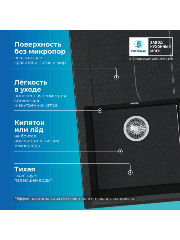 Кухонная мойка Polygran GALS 860 космос черный металлик преимущества