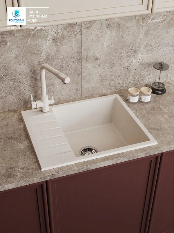 Кухонная мойка Polygran DEKA 600 белый хлопок интерьер