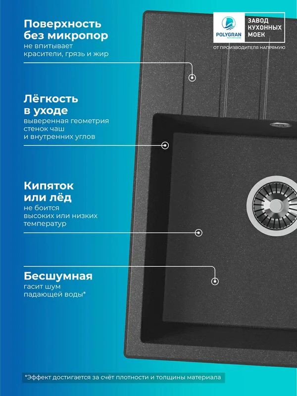Кухонная мойка Polygran DEKA 600 космос черный металлик преимущества