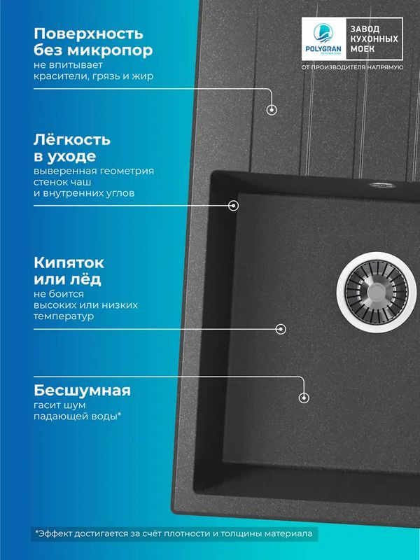 Кухонная мойка Polygran DEKA 700 космос черный металлик преимущества