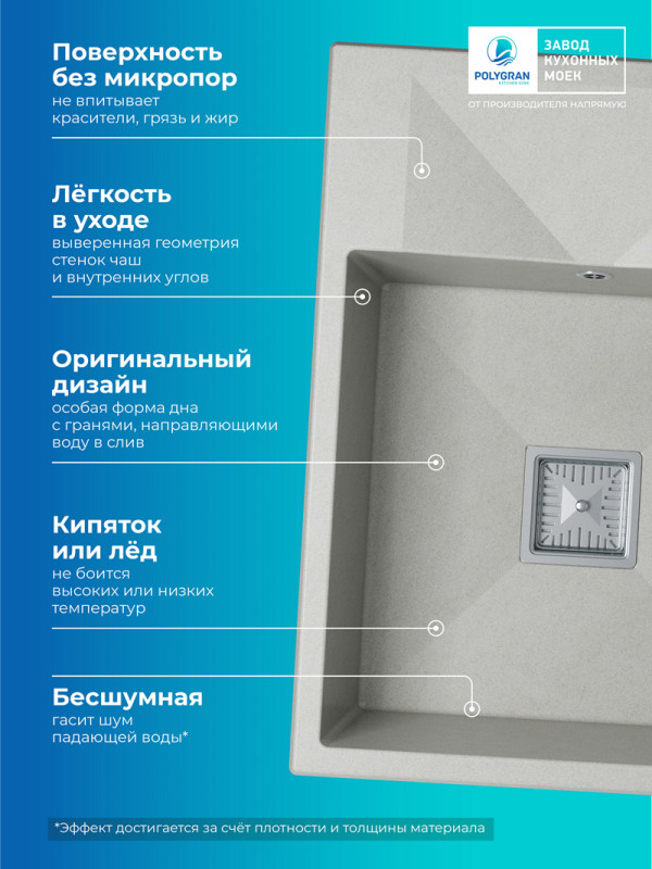 Кухонная мойка Polygran Blade 660 серый преимущества