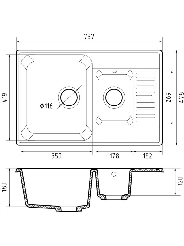 Кухонная мойка GranFest QUARZ Z-21К серый размеры