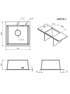 Кухонная мойка Arfeka Eco AR 50x50 GS Black Glass + Satin установка