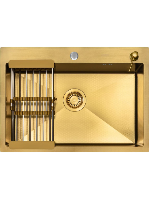Кухонная мойка Arfeka Eco AR 70x50 (комплект коландер+дозатор) Gold Decor сверху