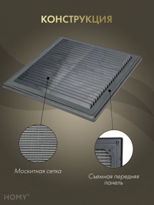 Решётка вентиляционная с рамкой 25×25 графит, HOMY VR2525-G конструкция