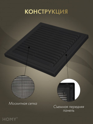 Решётка вентиляционная с рамкой 25×25 чёрная, HOMY VR2525-B