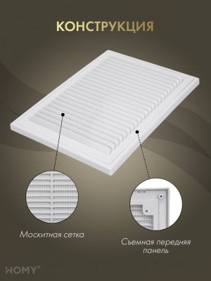 Решётка вентиляционная с рамкой 18×25 белая, HOMY VR1825-W конструкция