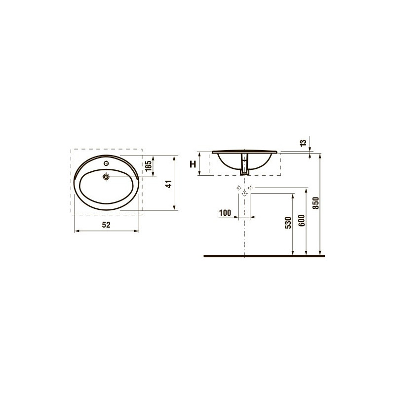 Чертёж умывальника Roca Adora 52x41