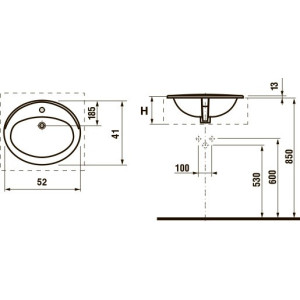 Чертёж умывальника Roca Adora 52x41