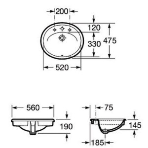 Чертёж умывальника Roca Adora 56x47